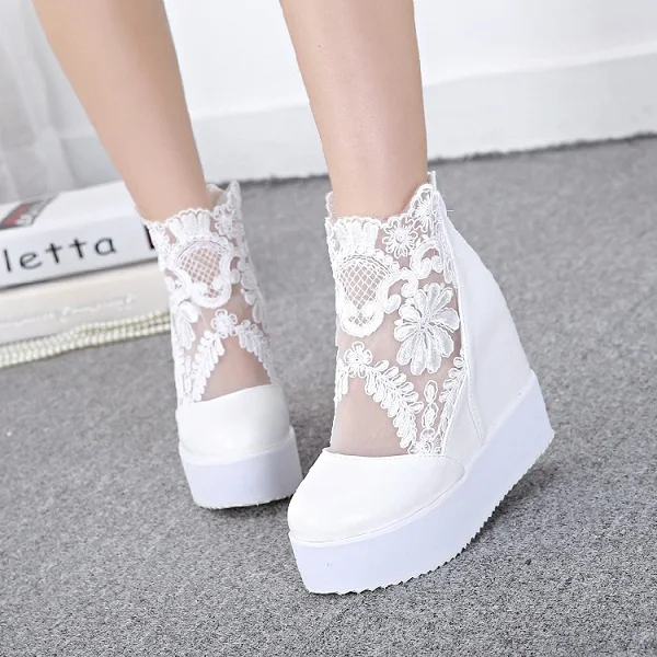 Fashion Sweet Lace Shoes Women Wedge Heels Platform Pumps High Heels Sandals zapatos plataforma mujer encaje 3 COLORS