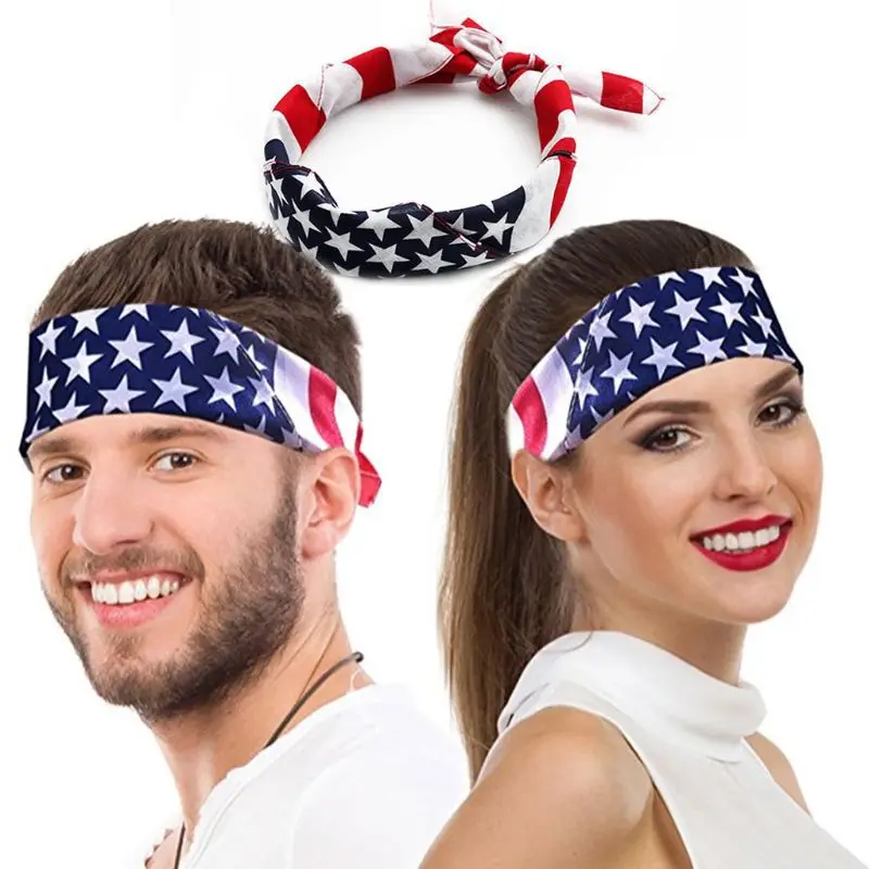 50x50CM Unisex Cotton Sport Pocket Square Scarf American Flag Stripes Star Print Headband Bandana Hip-Hop Wristband Hair Wrap