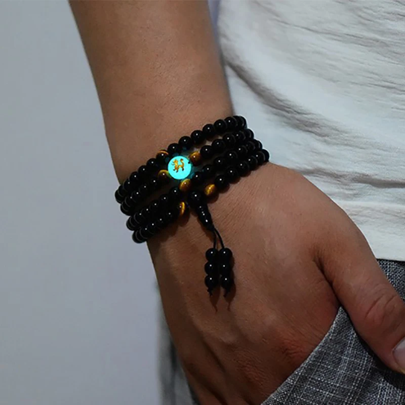 BOEYCJR Dragon Black Buddha Mala Beads Bangles&Bracelets Handmade Jewelry Ethnic Glow in the Dark Bracelet for Women or Men