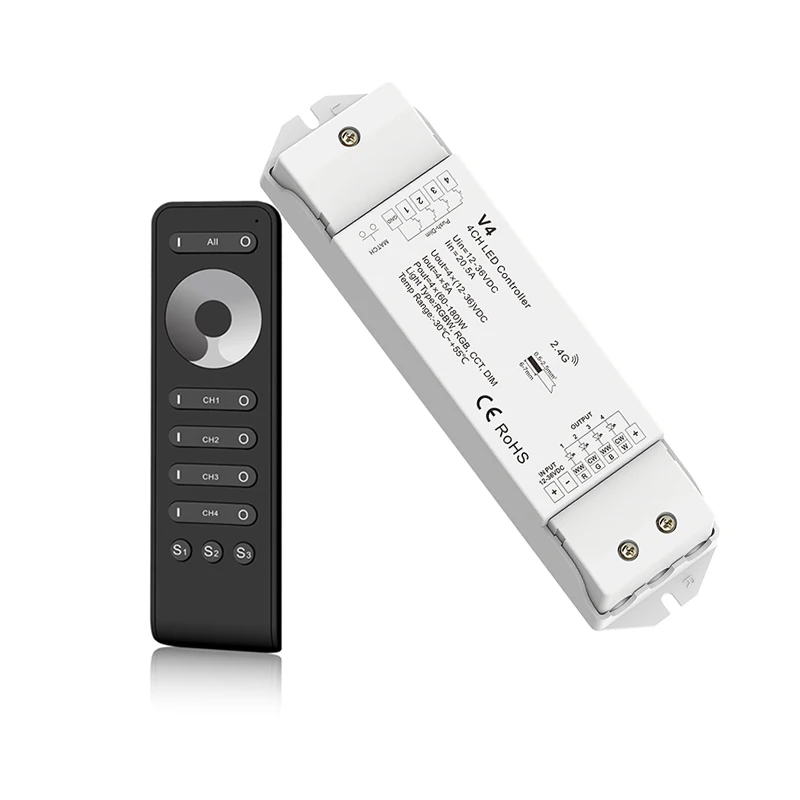 Led Strip Dimmer 12V/24V 4x5A 20A Output Receiver V4 With RS6 Wireless RF Touch Remote 4 Channel Dim Separately Controller