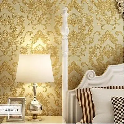 Q QIHANG High-Grade European Non-woven Wallpaper Embossed 3D Damascus Gold&yellow 0.53m*10m=5.3m2