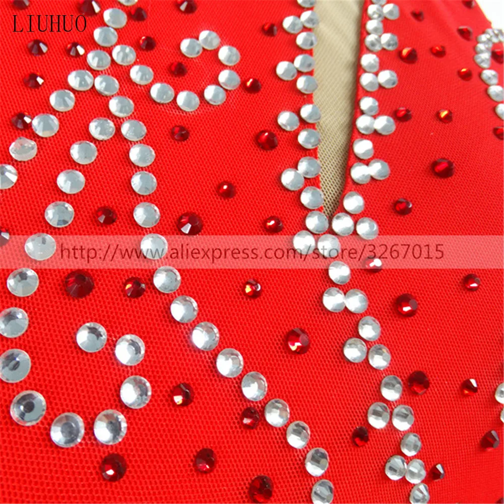 LIUHUO Costume da ballo per palo da donna nuovo rosso tessuto elastico alto garza Sexy strass lucido senza maniche rullo adulto