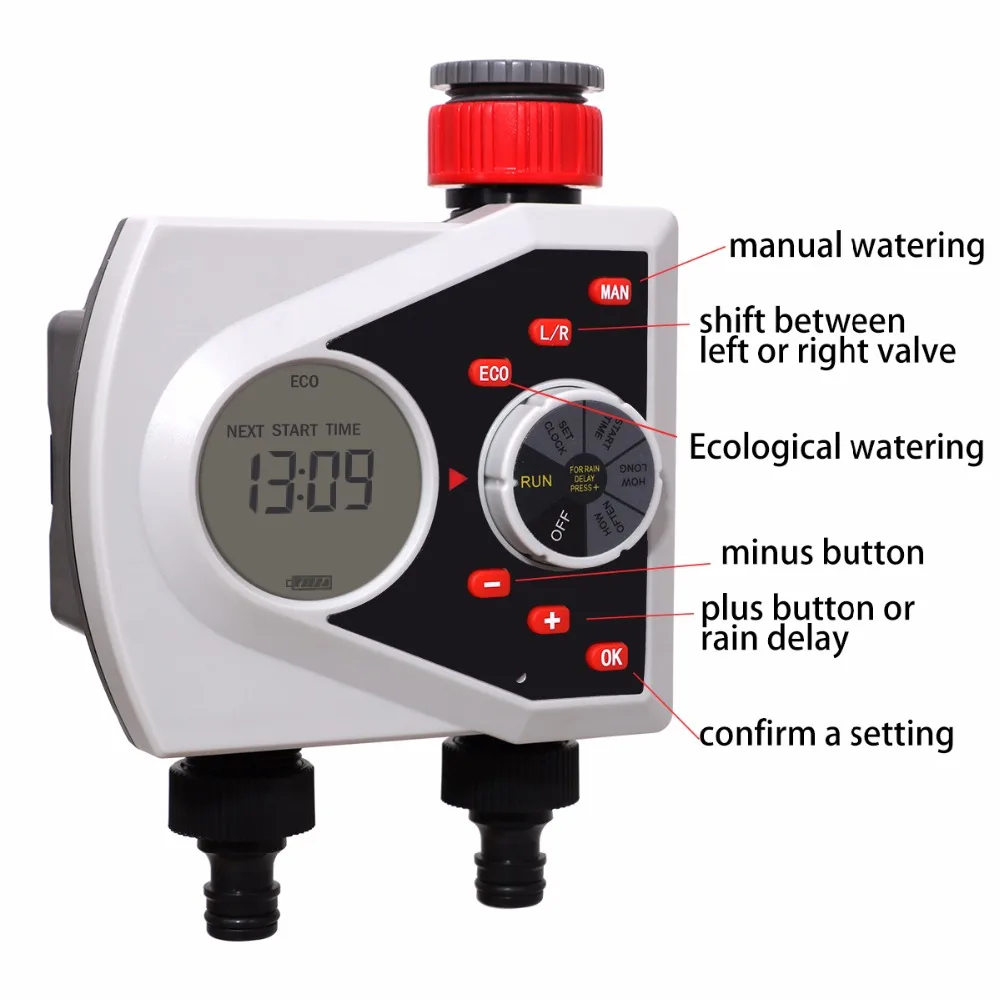 Two Outlets Garden Automatic Watering Timer Digital Electronic Solenoid Valve Sprinkler Timer Irrigation Controller System#21076