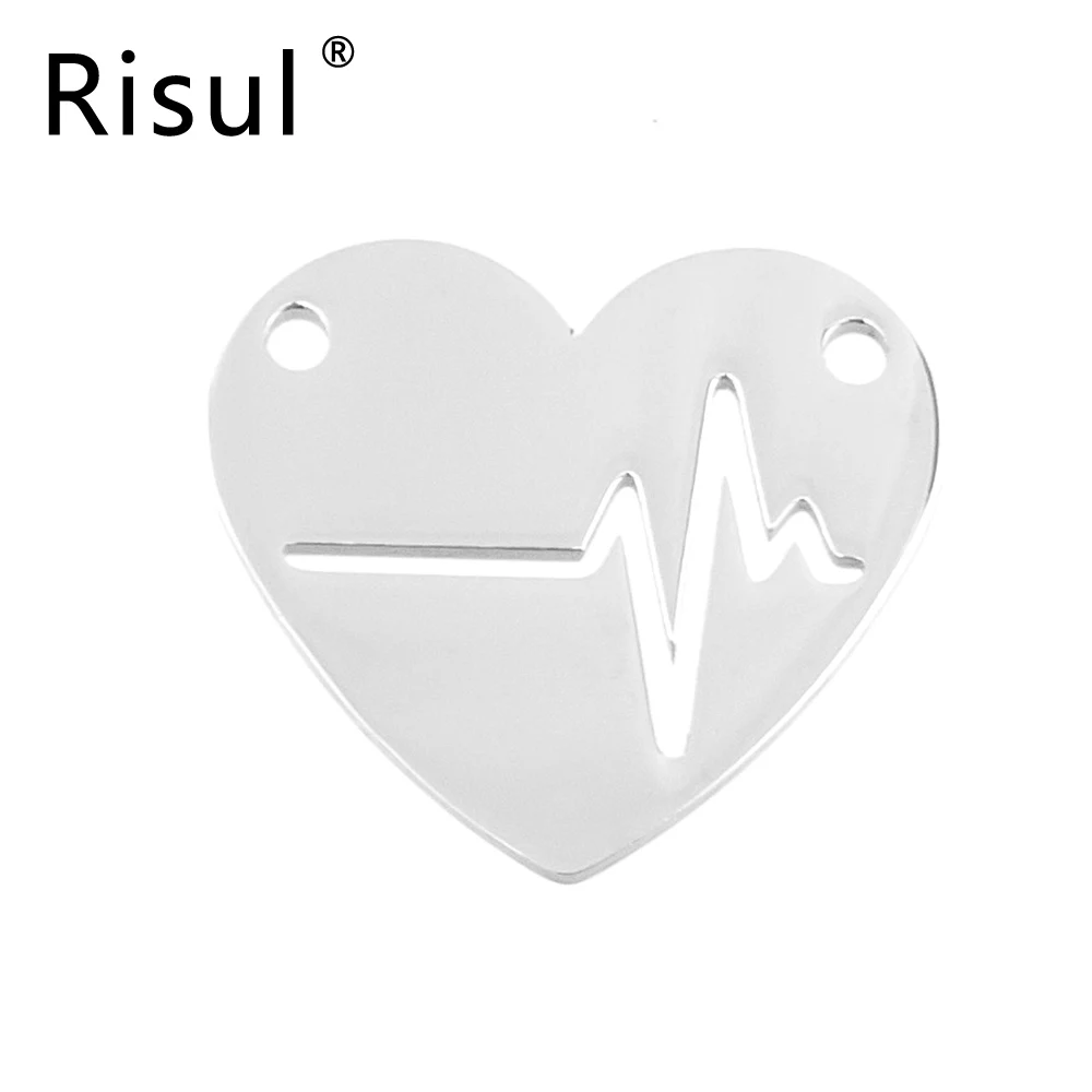 Risul Women Charms Heartbeat in Heart Pendants blank pendant for engrave print Mirror polish Stainless steel wholesale 50pcs