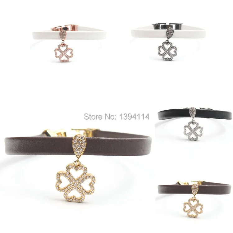 Micro Pave Clear CZ Clover Charm Bracelet Stringed Leather Cord Fold Over Clasp Approx 6-8 Inches