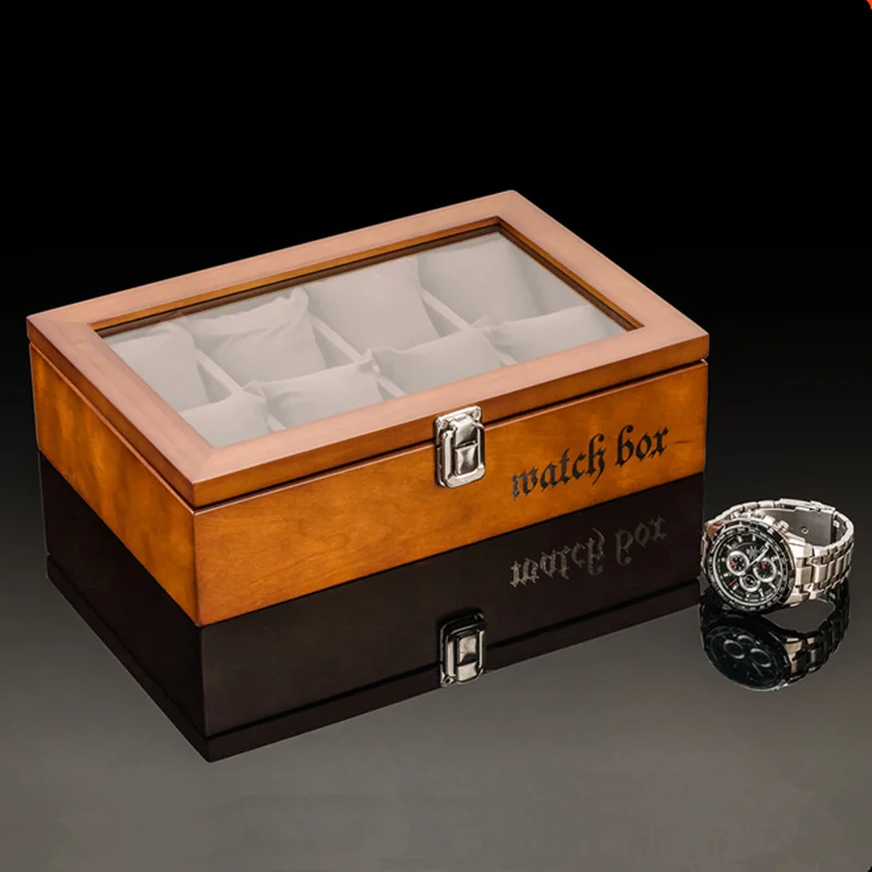 8 Slots Wood Watch Box Organizer Luxury Watch Holder With Glass Window Mens Wrist Watch Display Black Watch Cabinet