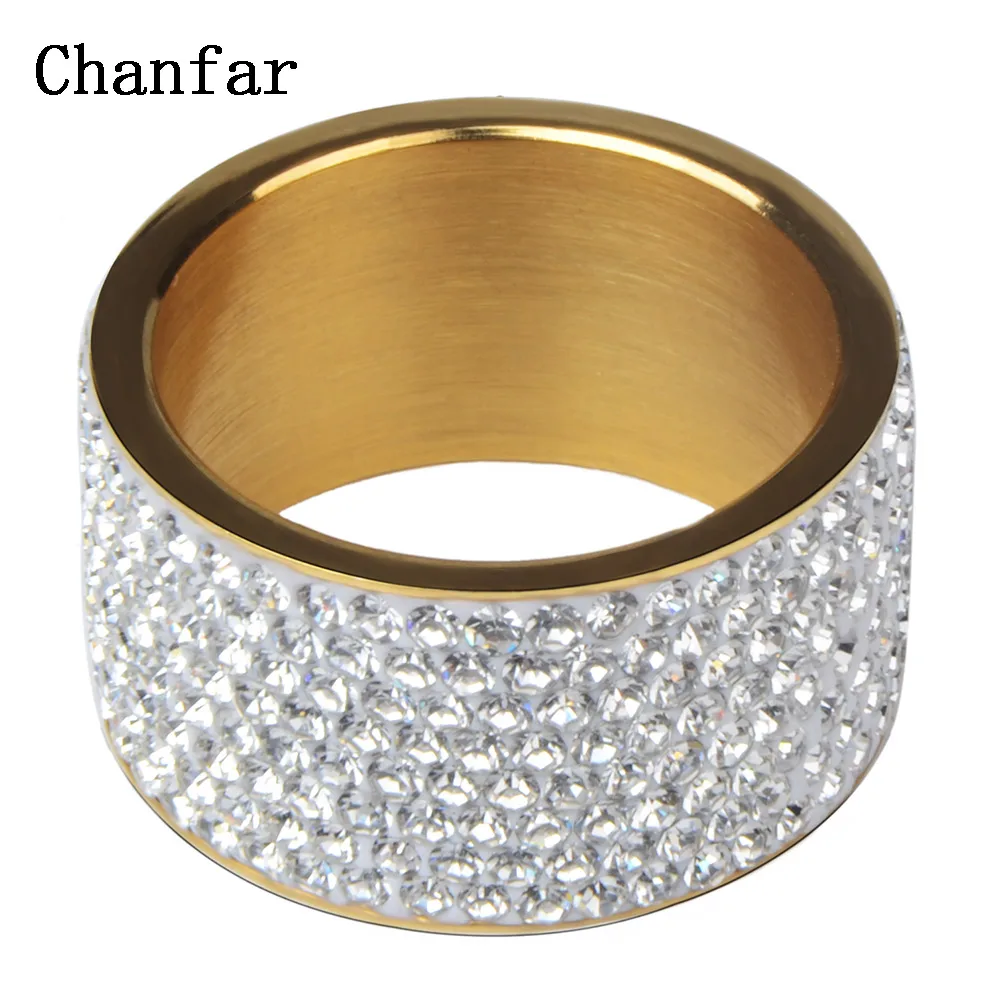 Chanfar 8 Lines Fashion Full Crystal Stone Gold Color Wedding Ring Finger Big Stainless Steel Rings Men Women Jewelry