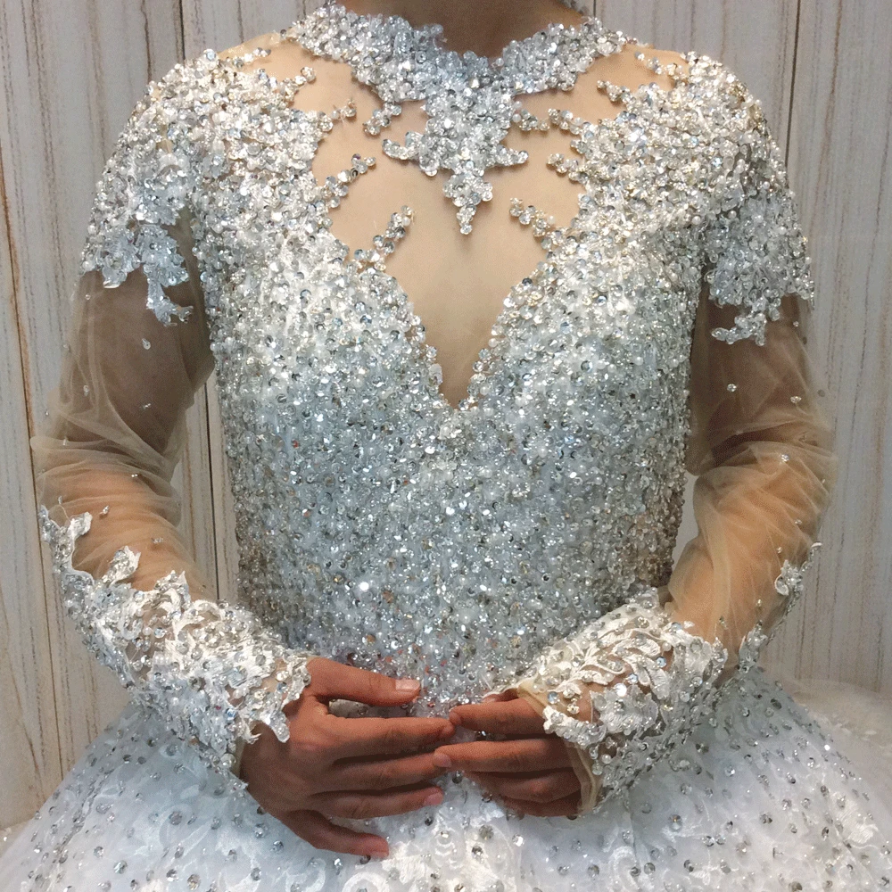 SuperKimJo Vestido De Noiva 2018 Real Photo Crystals Wedding Dresses Luxury Long Sleeve Sparkly Rhinestones Wedding Ball Gown