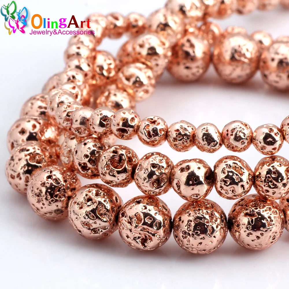 Olingart Round Beads Volcanic Rock Stone Plating gold/silver color /Rose Gold/copper/black 4/6/8mm mix 45pcs DIY Jewelry Making