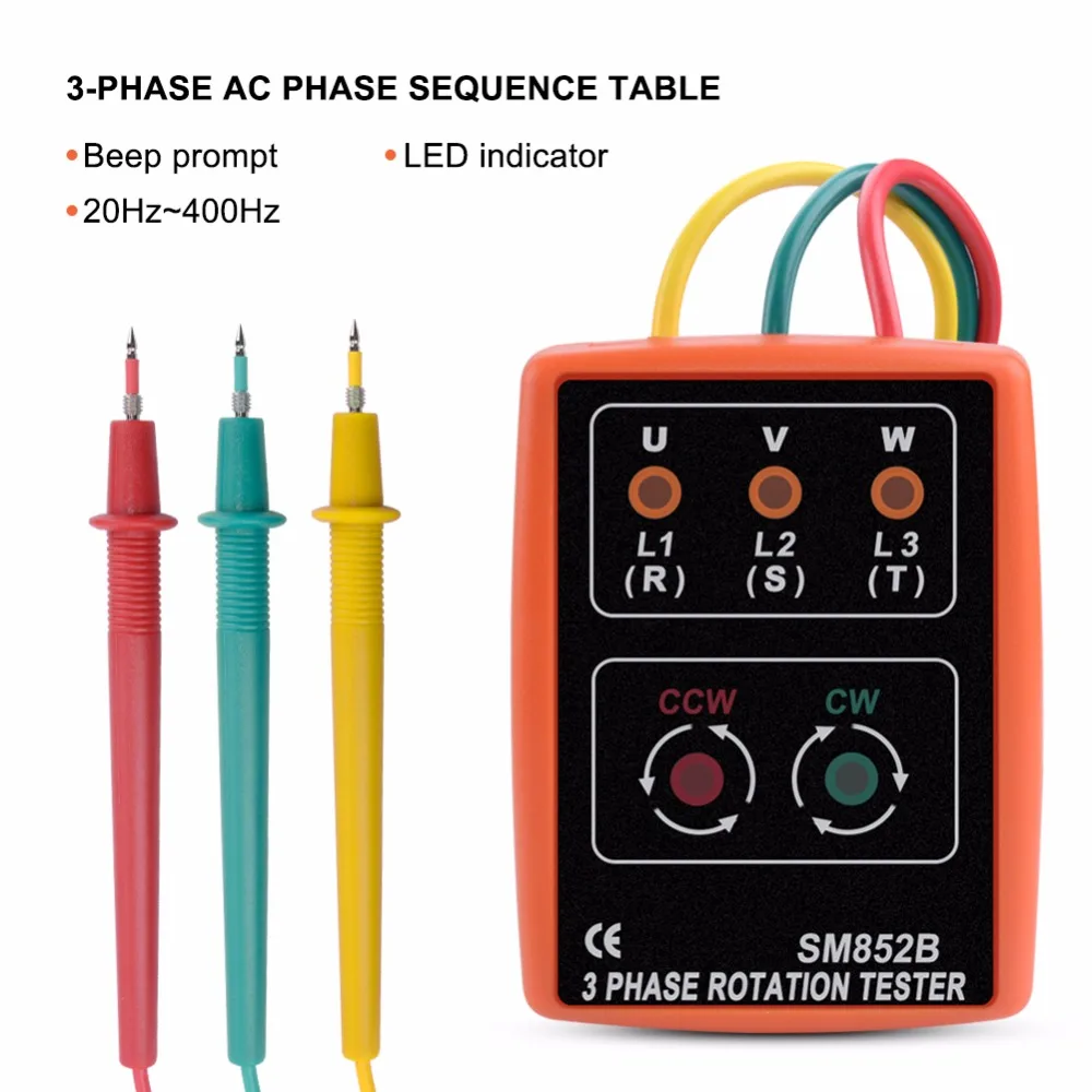 yieryi SM852B Phase sequence tester Indicator 3 Phase Rotation Tester Digital Phase Indicator Detector LED Meter 60V~600VAC