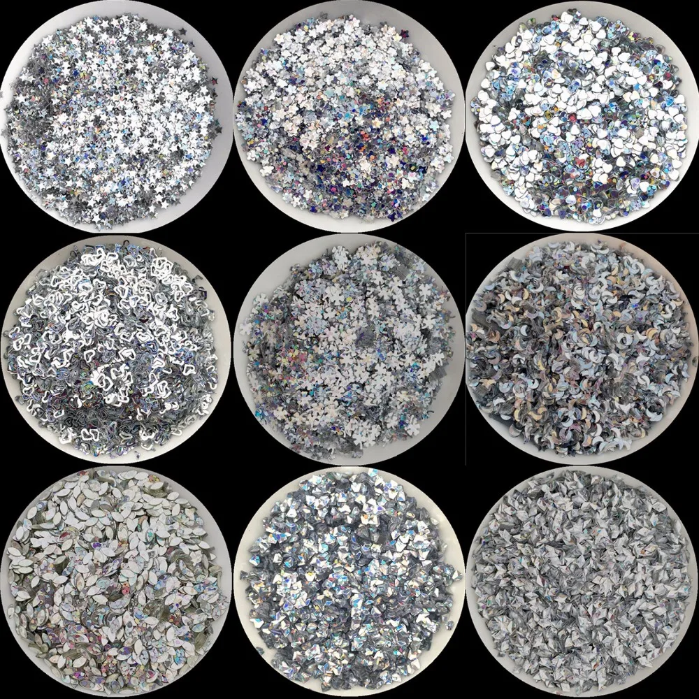 10g Laser Silver Nail Sequin 1-5mm Multi Star Heart moon dot loose Sequins Paillettes for Nail Arts/wedding decoration confetti