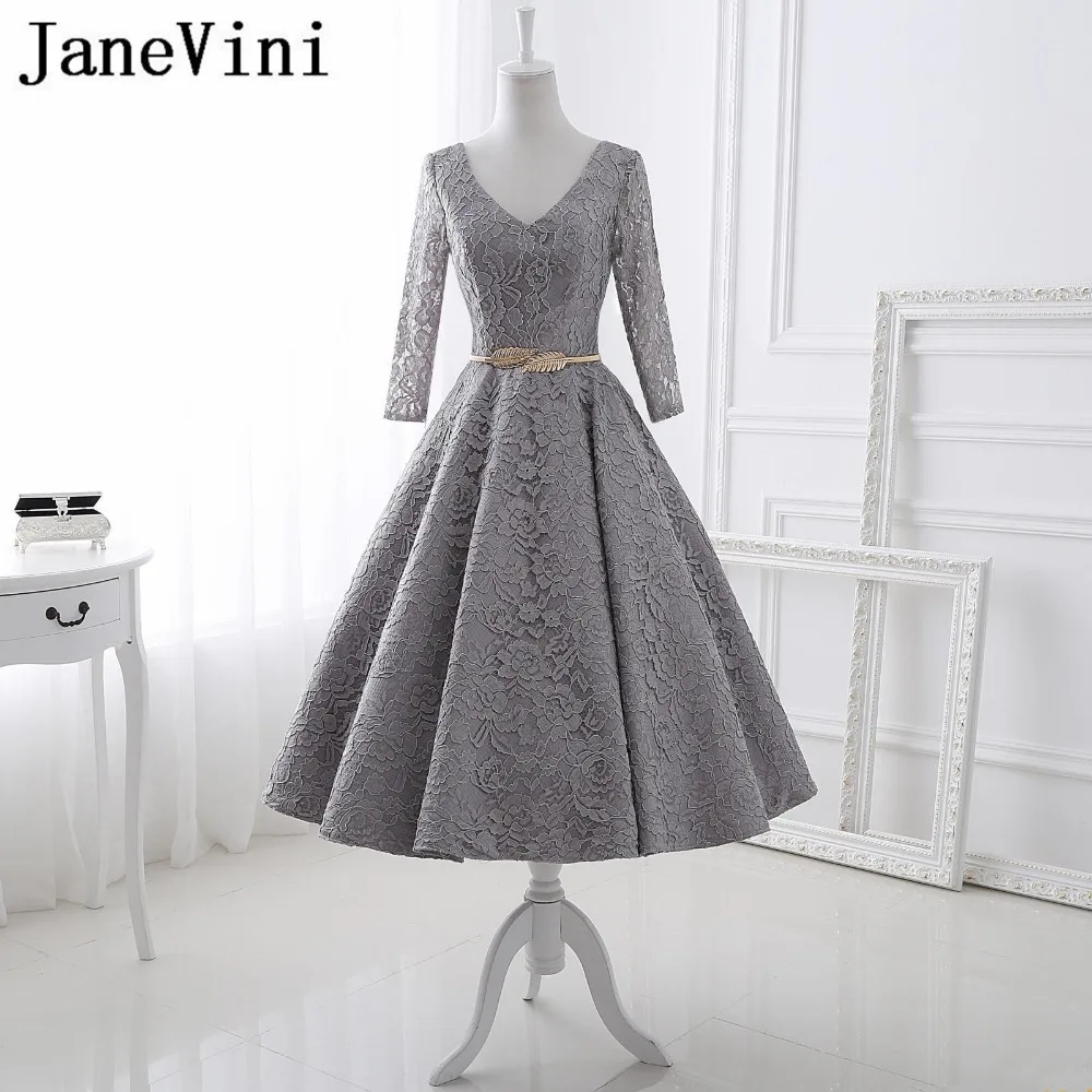 

JaneVini 2018 Vintage Gray Mother of the Bride Dresses with Gold Sashes A Line Long Sleeve Backless Lace Evening Dress Plus Size