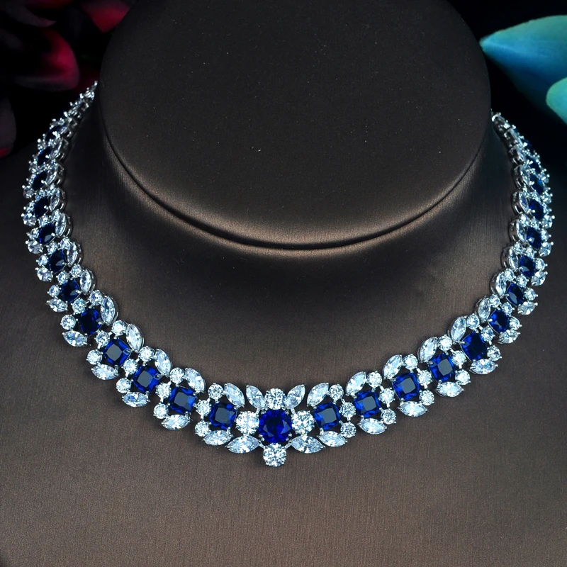 HIBRIDE Luxury Wreath Shape Inlaid Blue CZ Pave Shiny Women Jewelry Sets Necklace Sets Dress Accessories Wholesale Price N-405