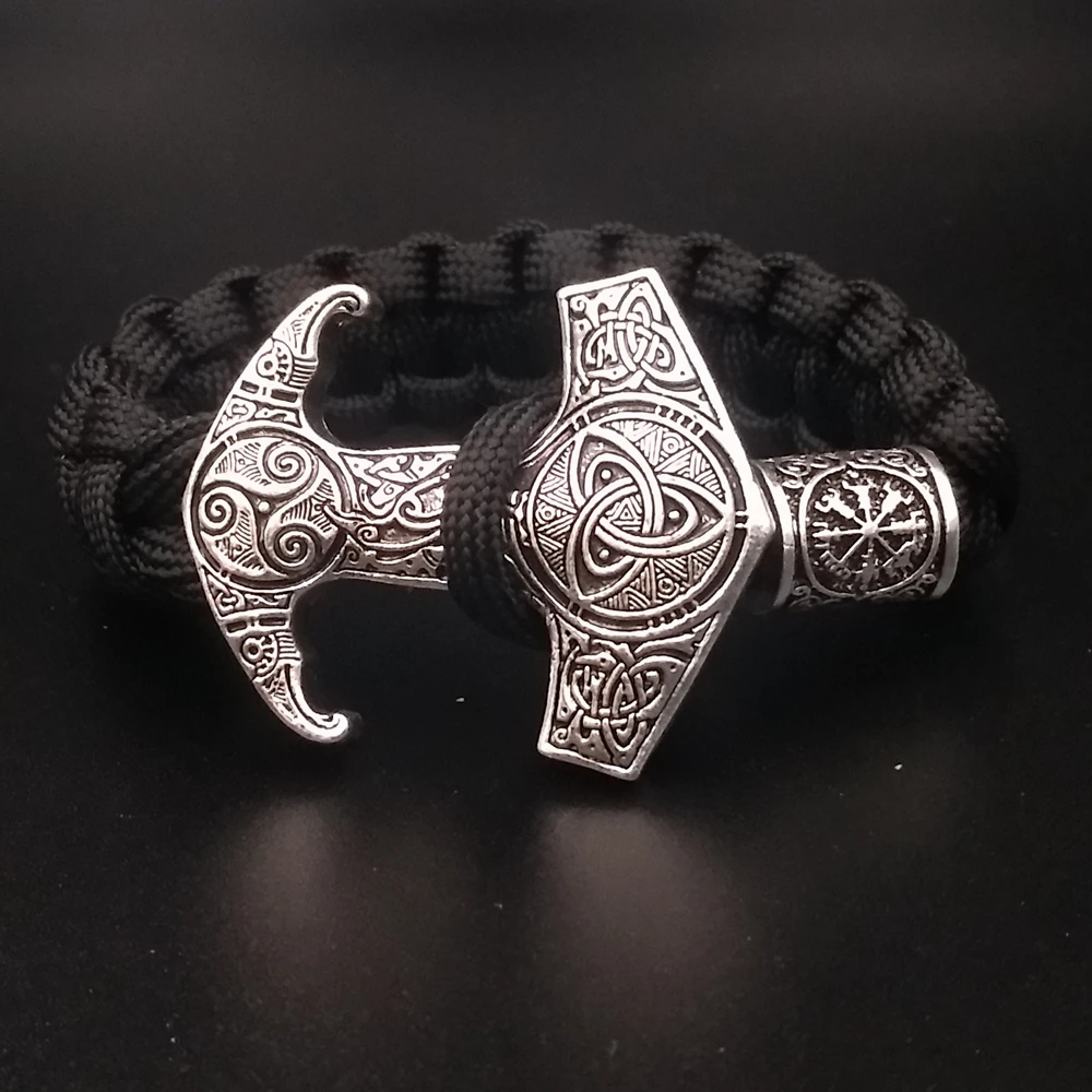 Thor Hammer Mjolnir Men Viking Bracelet with Valknut Vegvisir Rune beads Jewelry