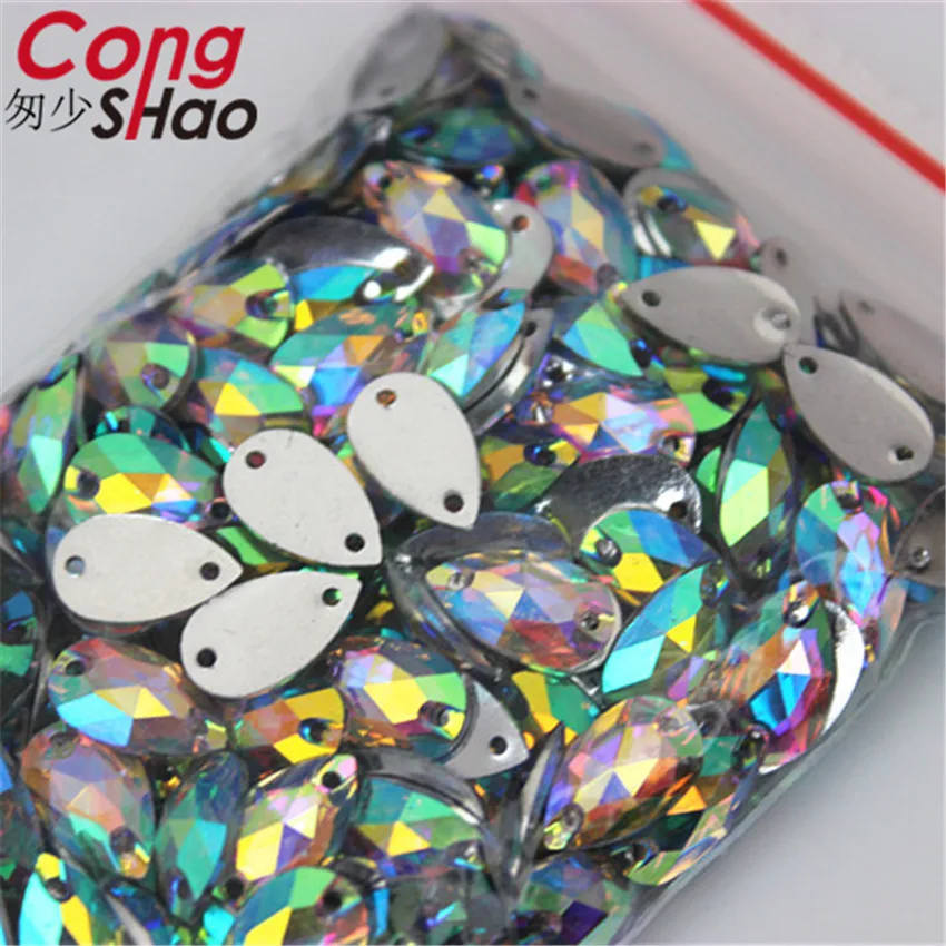 Cong Shao 50-200pcs 6*12/7*12mm Drop Shape Crystals AB Rhinestone Flatback Sewing 2 Hole Stones Resin For DIY Wedding Dress WC66