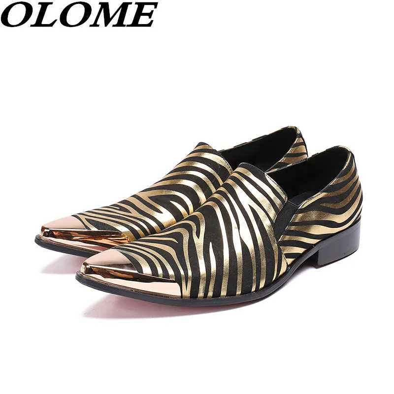 

Genuine Leather Gold Black Striped Metal Pointy Toe Mens Dress Shoes Smoking Loafers Party Wedding Flats Sapato Masculino