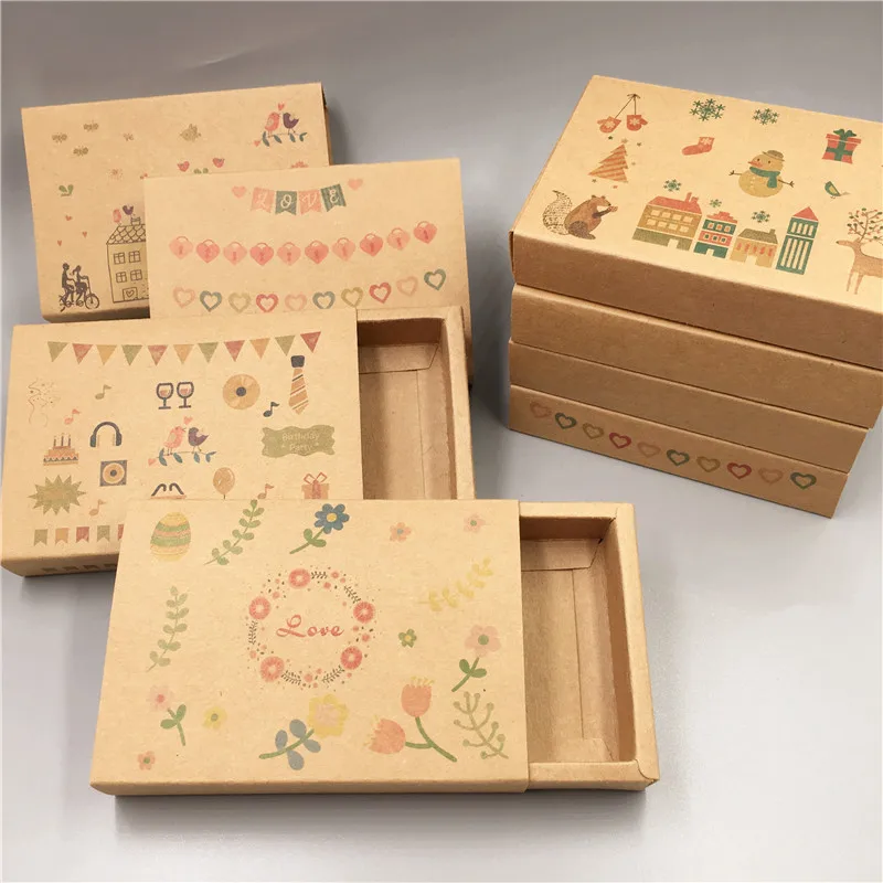 100Pcs/Lot 11.5x8x2.2cm Drawer Paper Cardboard Box Hollow Heart Chrysanthemum Squirrel Christmas Tree House Printing Storage Box