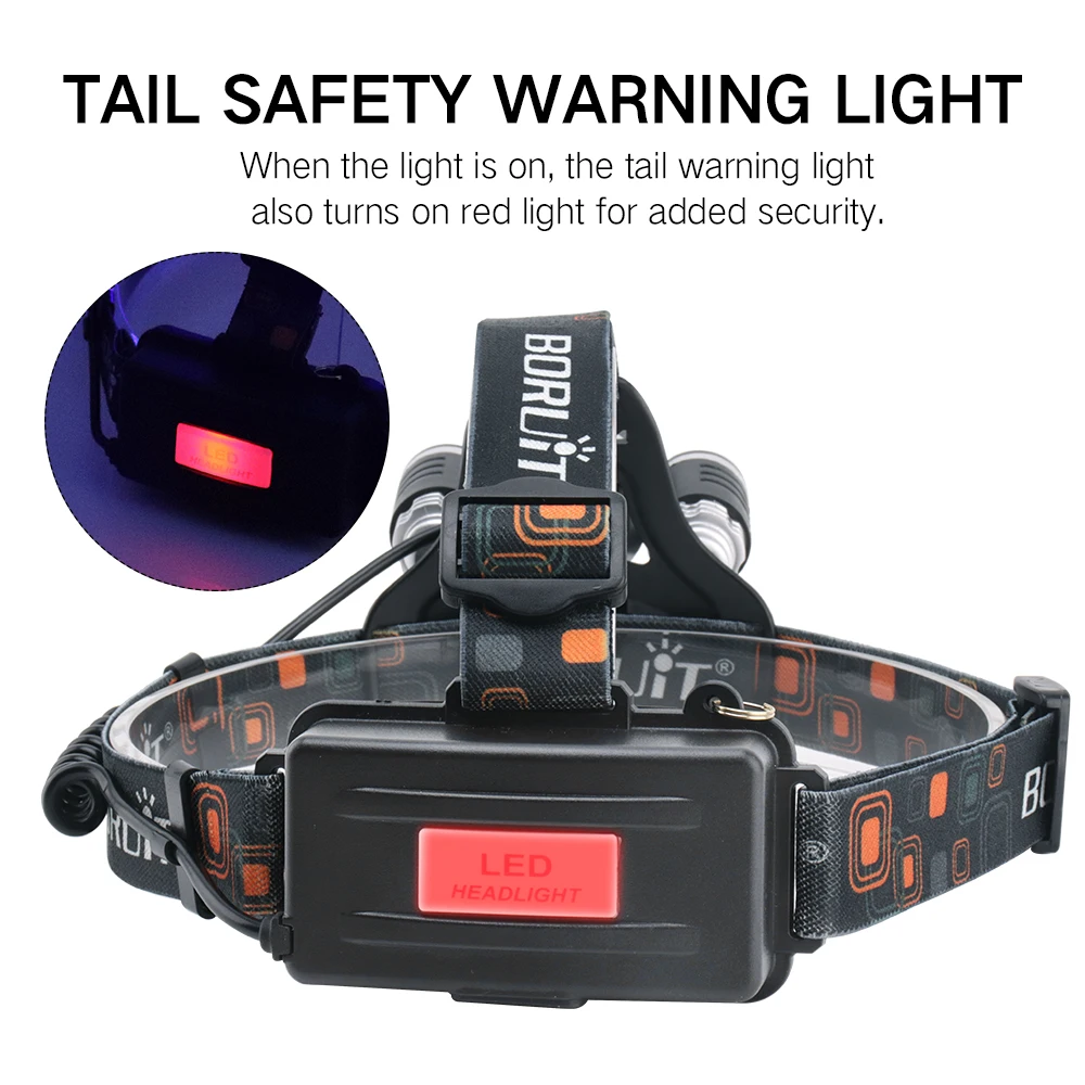 BORUiT Super Bright LED Headlamp Work Fishing Head Flashlight USB Rechargeable Waterproof Headlight Camping Hunting Head Torch