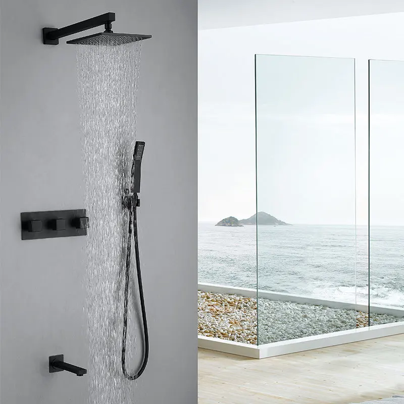 Wall mounted black plated brass shower faucet set 3 functions Rainfall bathroom shower Cold and hot mixer faucet set