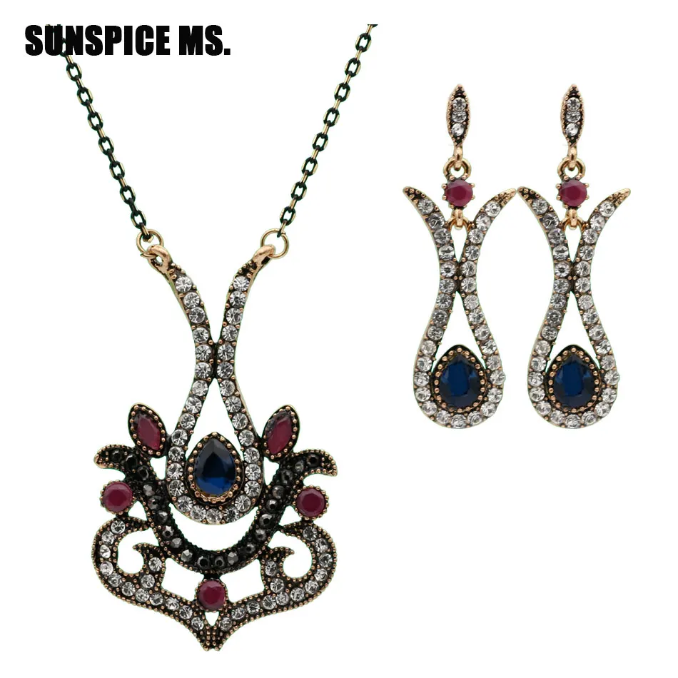 SUNSPICEMS Ethnic Turkish Full Crystal Jewelry Sets Women Ethnic Wedding Jewelry Long Drop Earring Pendant Necklace Bridal Gift