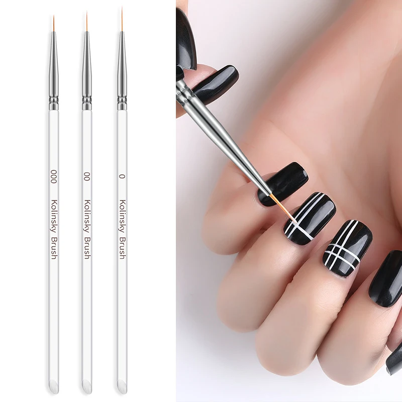 3 Teile/satz kolinsky Acryl Nagel Pinsel Dünne Nagel Liner Pinsel uv Gel Zeichnung Malerei Stift Transparent Griff Nail art Pinsel Set