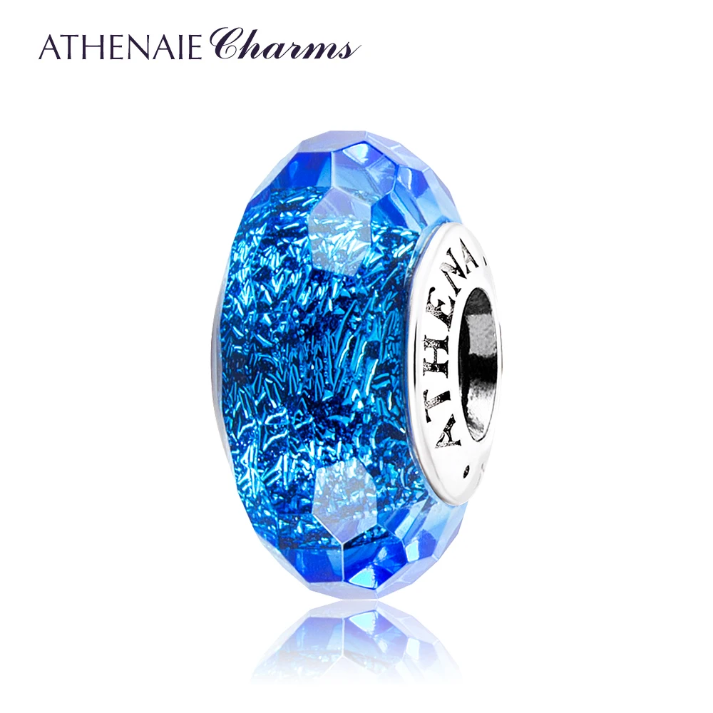 ATHENAIE Genuine 925 Silver Murano Glass Charm Bead Core Faceted Fascinating Iridescence Blue Shimmer Charms Beads Christmas Day