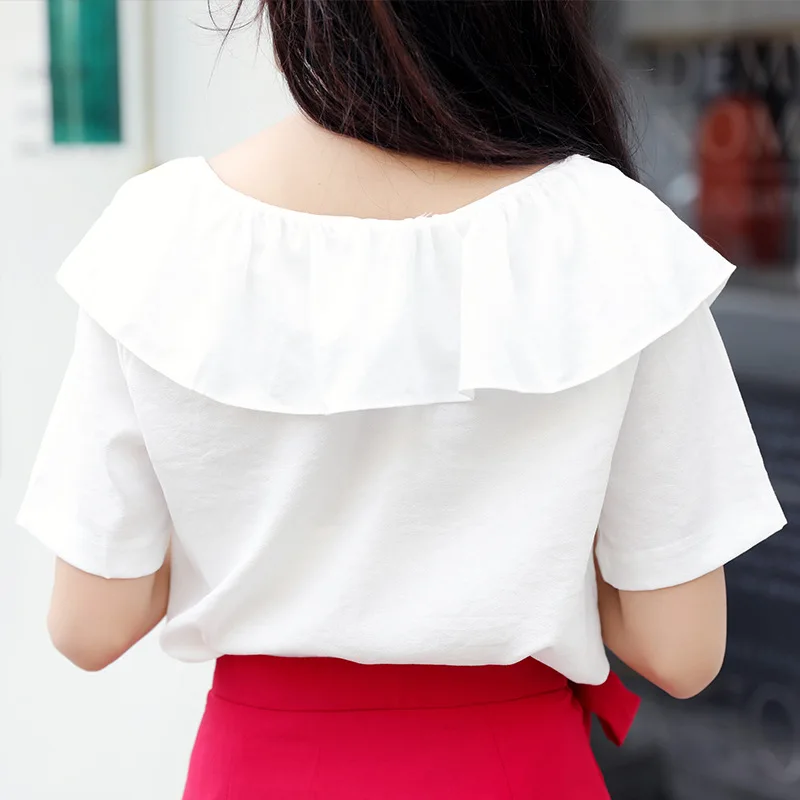 Chic สีขาวเสื้อชีฟองผู้หญิงสั้นแขน Ruffled เสื้อฤดูร้อนสาวใหม่หวานหลวมสบายๆเสื้อ Top H9176