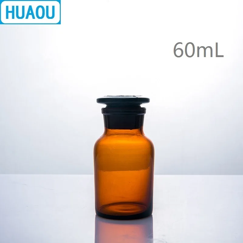 HUAOU 60mL Wide Mouth Reagent Bottle Brown Amber Glass with Ground in Glass Stopper Laboratory Chemistry Equipment