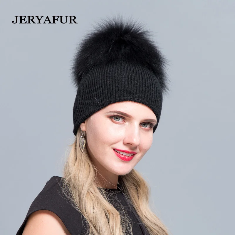 

JERYAFUR Wool Fur Hat Winter Bean Cap Men's and Women's Wool Knitted Headwear Leisure Hat and Fox Fur Ski Cap