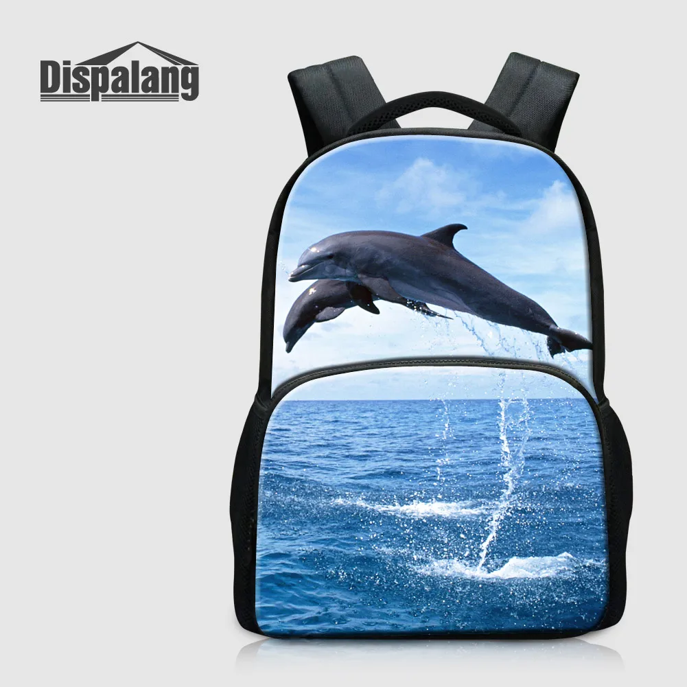 Dispalang 3d golfinho impressão mochilas do ensino médio para meninas adolescentes animal tubarão sacos de escola bookbag feminino lona pacote