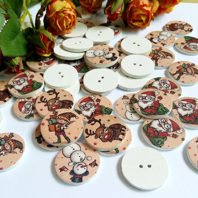 

30 шт./упак. рождественские декоративные пуговицы для скрапбукинга, круглые случайные 2 отверстия, узор 25 мм, аксессуары ручной работы «сделай сам»