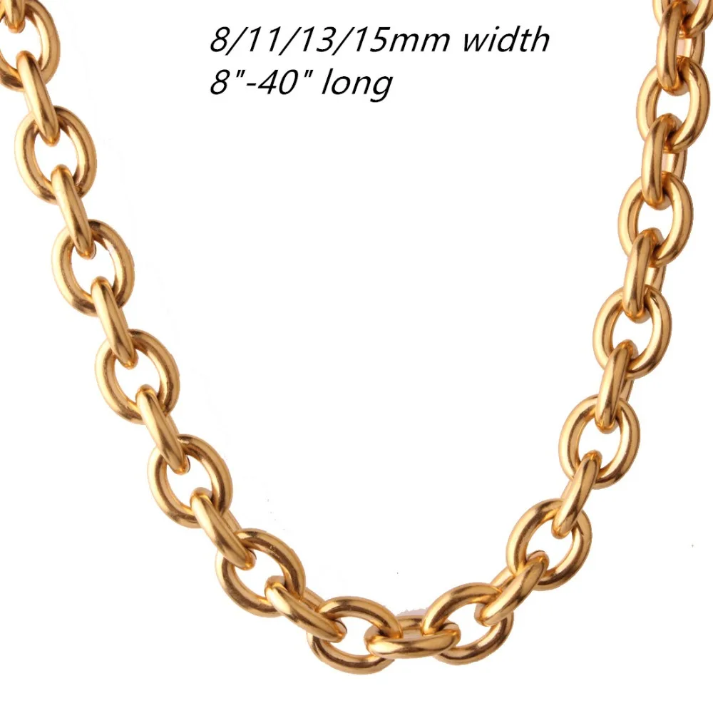 8/11/13/15mm Fashion Gold Tone Stainless Steel Rolo Oval Link Chain Necklaces for Women Men