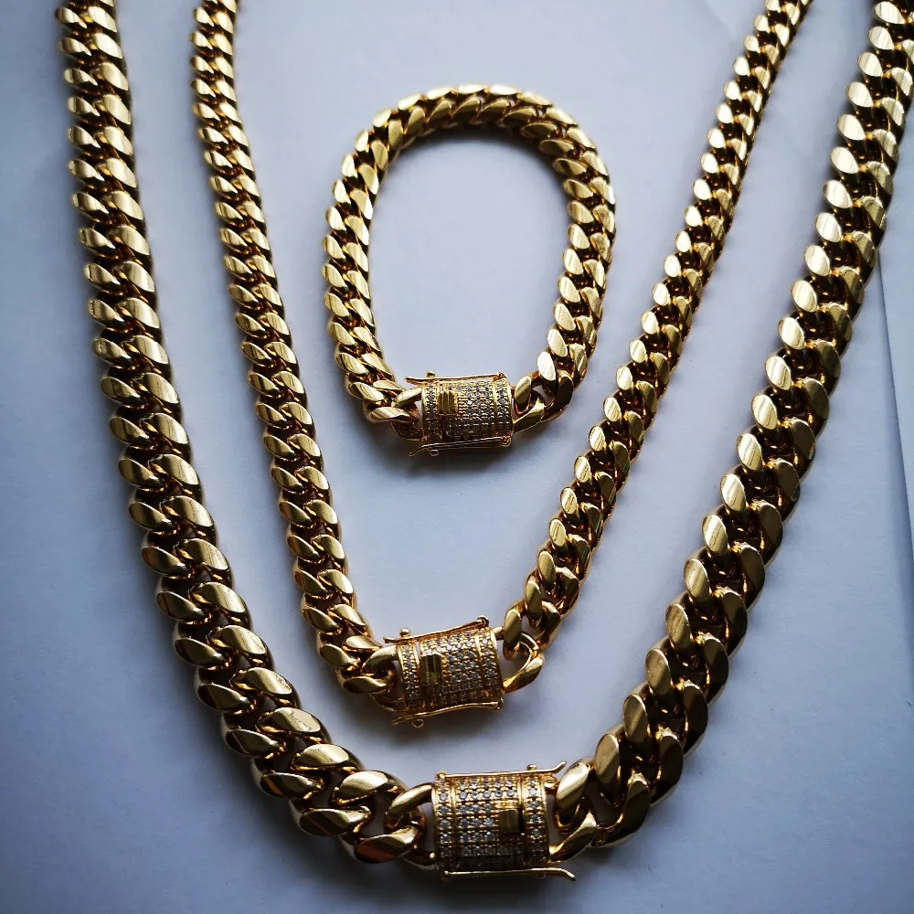 8/10/12/14mm Hip Hop Stainless Steel Men Miami Cuban Link Chain Necklace Bracelet Cubic Zirconia Clasps Rocker Jewelry Sets