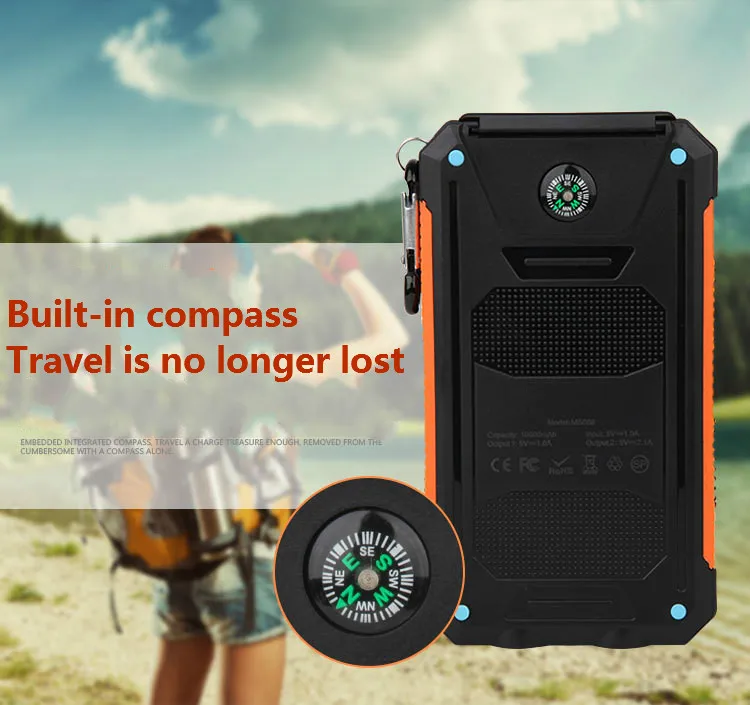 Waterproof Solar Alternative Battery Phone Actual 20000 mAh Dual USB External Polymer Battery Battery Charger Outdoor Power Bank