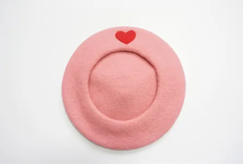 Lolita Girls Baby Pink Manga Heart Pom Pom Beret Hat Kawaii Cute Painter Beret Cap