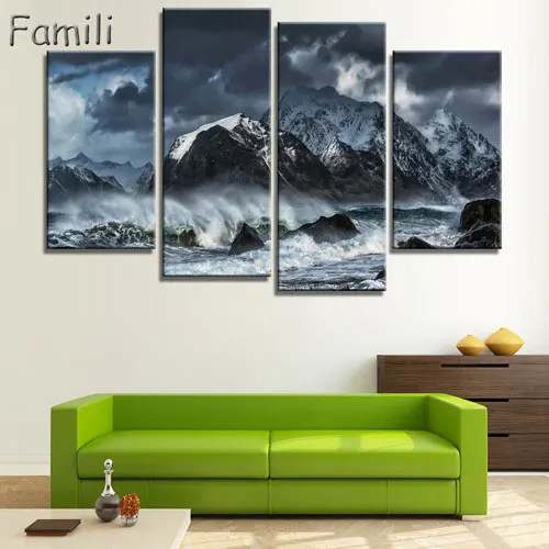 Wall Art Poster Modern Home Decor Living Room 4 Pieces Northern Lights Over Snow Mountain Norway Landscape Canvas Painting UnFra