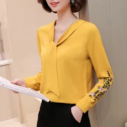 Retro Embroidered Chiffon Blouse Women Long Sleeves V-neck Loose Thin Shirt Spring Autumn Office Ladies Plus Size Tops H9050