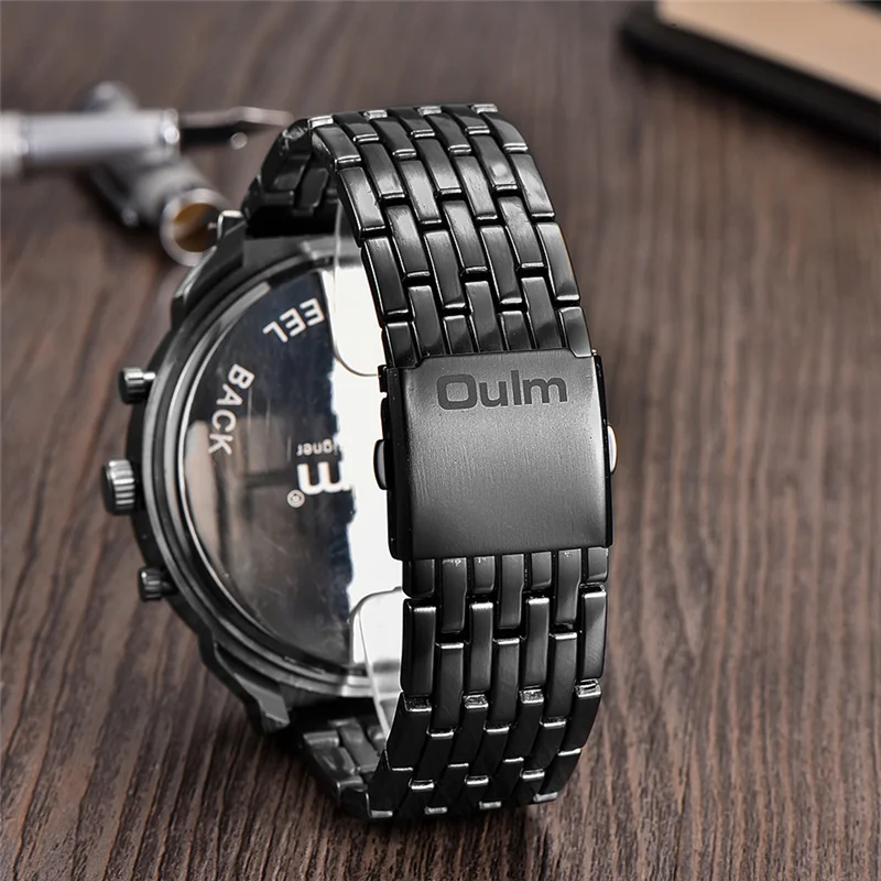 Oulm Huge Two Time Zone Men\'s Watches Top Luxury Brand Male Quartz Big Size Watch Individuality Large Men Military Wristwatch