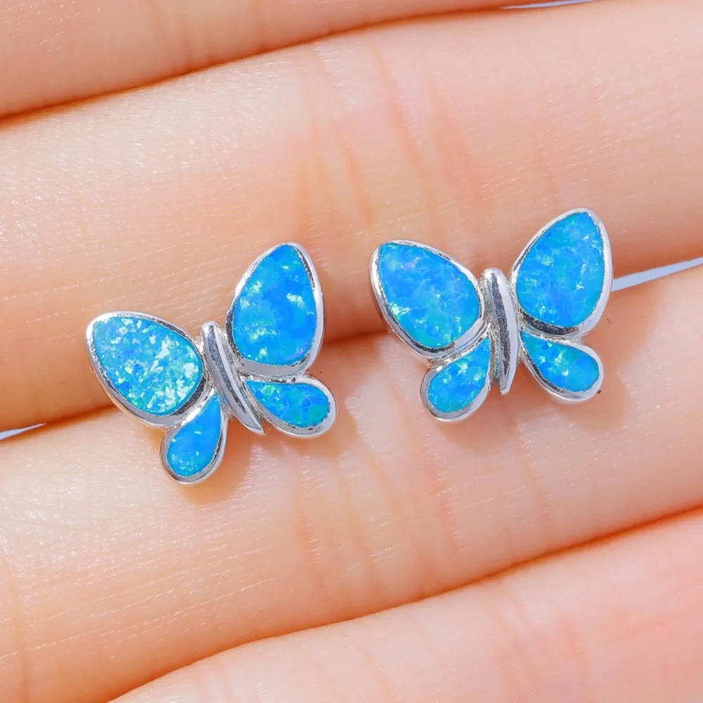 CiNily Created Blue Green Fire Opal Silver Plated Wholesale Lovely Butterfly for Women Jewelry Stud Earrings 10mm OH4471-72