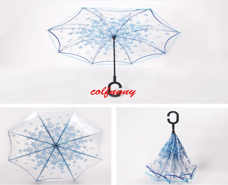 20pcs/lot Transparent Reverse Umbrella Double Layer Cherry Blossoms Inverted Umbrella Rain Women C-handle Windproof  F052909