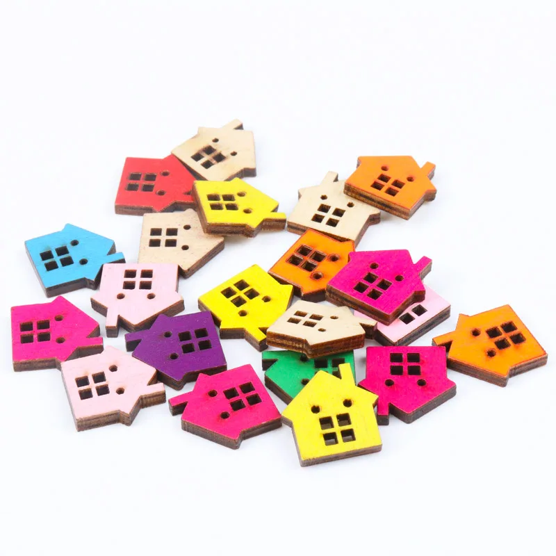 Natural Wooden House Shape Scrapbooking Button Handmade Accessory Home Decoration Craft DIY Botones 20pcs 22x23mm T0074-FD