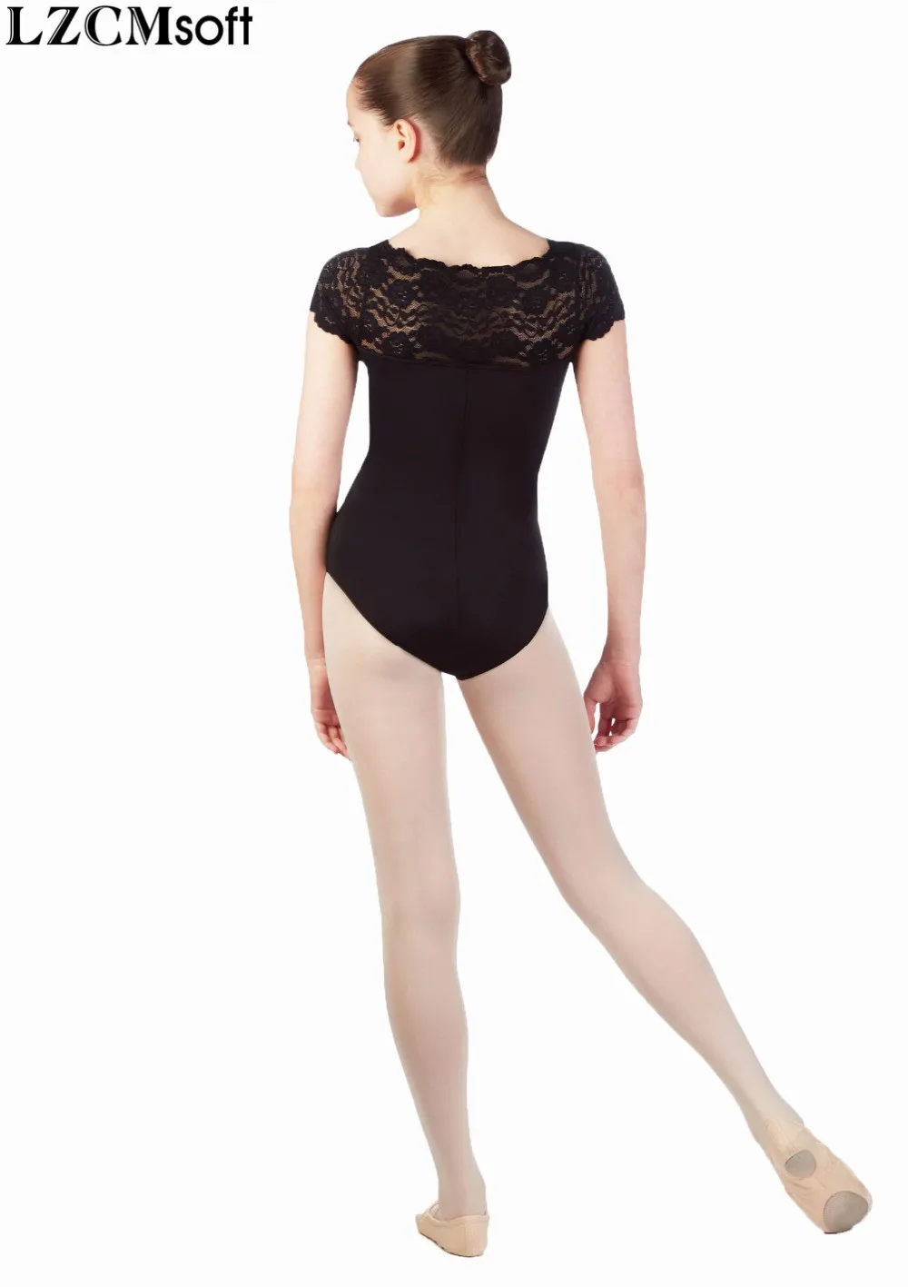 LZCMsoft Girls Lace Black Leotard For Gymnastics Child Spandex Nylon Short Sleeves Ballet Leotards Dancewear Team Performance