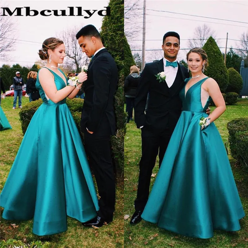 Mbcullyd Turquoise A-line Prom Dresses Long 2023 Women Sheer V-neck Formal Evening Dress With Pocketsvestidos de fiesta de noche