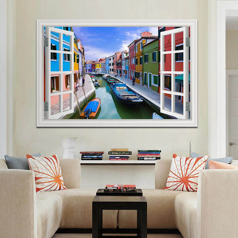 3D Window View Wall Sticker, European Town Street Picture Poster, Landscape Vinyl Decal, Wallpaper for Home Living Room Decor