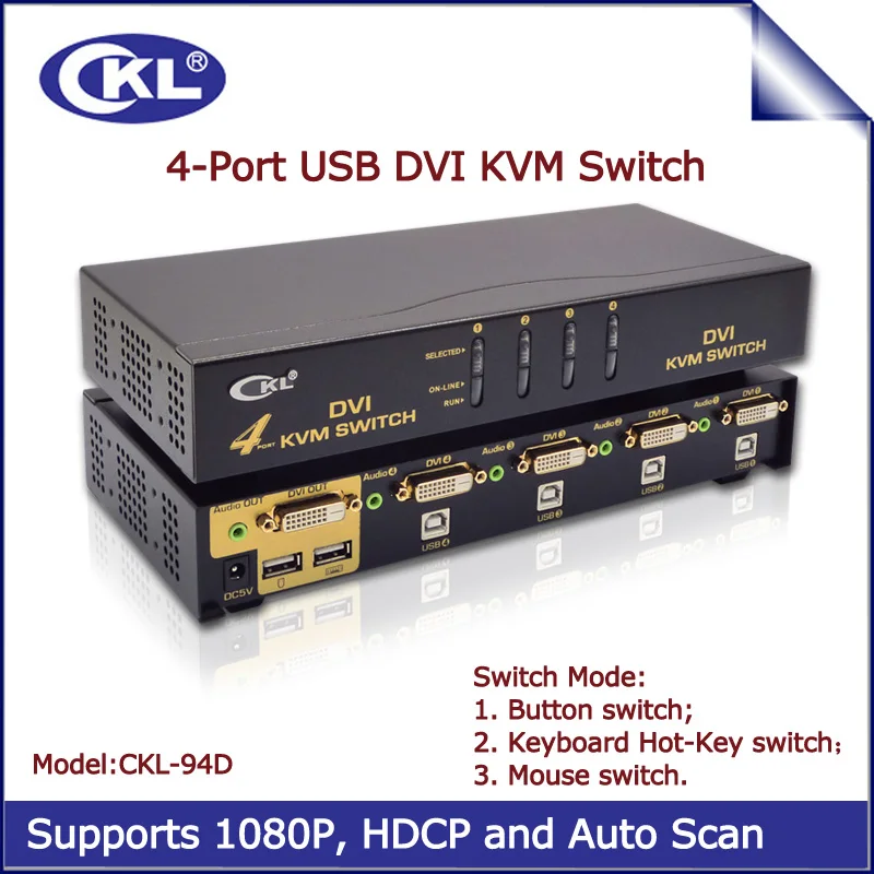 Interruptor USB DVI KVM de 4 puertos, conmutador de teclado, ratón, Monitor de PC, con Audio y escaneo automático, compatible con 1920x1200, CKL-94D de Metal DDC2B