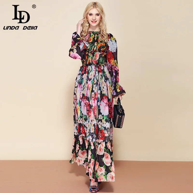 LD LINDA DELLA Fashion Runway Summer Long Sleeve Maxi Dress Women's elastic Waist Floral Print Elegant Party Holiday Long Dress