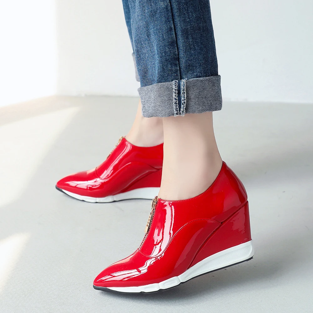 ANNYMOLI Women Pumps High Heels Patent Leather Wedges High Heels Shoes Zipper Pointed Toe Ladies Shoes New Spring Red Size 34-40