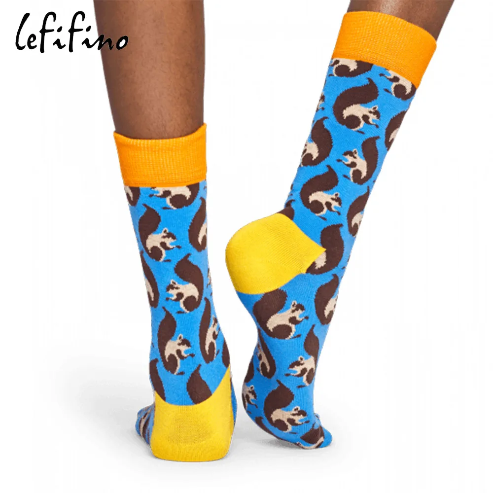 Combed Cotton Men's Socks Big Size Mushroom Ladybug Squirrel Long Cool Funny Socks Colorful Fashion Hip Hop Crew Socks Ne73630