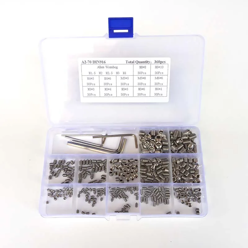 

360pcs DIN914 M2 M2.5 M3 M4 M5 M8 304 Stainless Steel Thread Screws Hexagon Socket Set Screws Headless