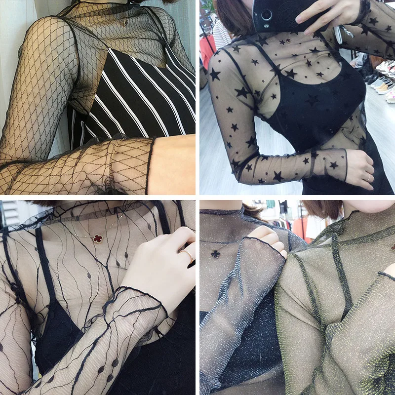 

Sexy Mesh Transparent Blouses Tops Clothing Unlined Upper Garment Long Sleeve Net Build Korean Fashion Jacket ds50